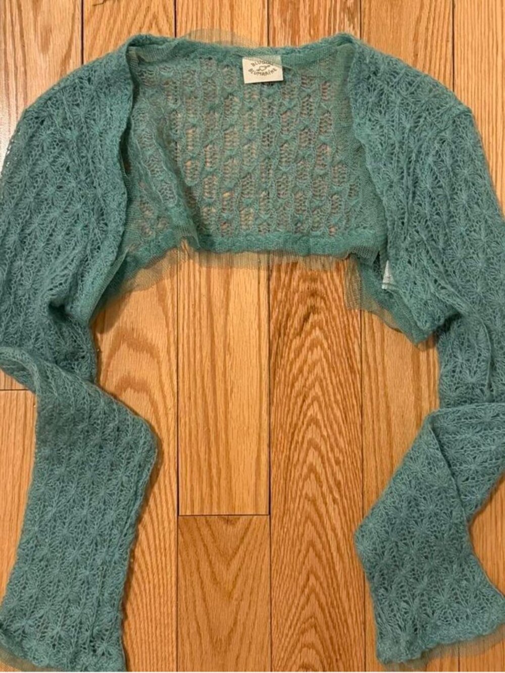 Blumarine Green Teal Aqua Cardigan Shrug Bolero Ribbon Chiffon Trim Sweater Soft